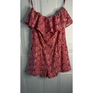 Vineyard Vines Off-Shoulder Ruffle Tropical Floral Romper Pink/Orange S